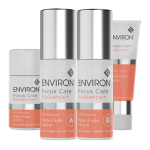 Pre-cleanse, cleanse and tone with your preferred Environ products. First apply Mela-Prep Lotion to darkened areas of the skin, morning and evening. Then mix equal amounts of Serum A and Serum B in the palm of the hand, gently massage into the pigmented areas of the skin morning and evening. Cosmetic needling prior to the application of the Mela-Prep Lotion and Mela-Fade Serum System is recommended for advanced Environ users in the evening. Finally apply Intense C-Boost to the full face (if the damage is extensive) / darkened areas (if the damage is localized) of the skin, morning and evening before moisturizing with your recommended Environ vitamin A moisturiser and a broad-spectrum sunscreen.