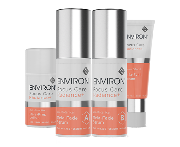 Pre-cleanse, cleanse and tone with your preferred Environ products. First apply Mela-Prep Lotion to darkened areas of the skin, morning and evening. Then mix equal amounts of Serum A and Serum B in the palm of the hand, gently massage into the pigmented areas of the skin morning and evening. Cosmetic needling prior to the application of the Mela-Prep Lotion and Mela-Fade Serum System is recommended for advanced Environ users in the evening. Finally apply Intense C-Boost to the full face (if the damage is extensive) / darkened areas (if the damage is localized) of the skin, morning and evening before moisturizing with your recommended Environ vitamin A moisturiser and a broad-spectrum sunscreen.